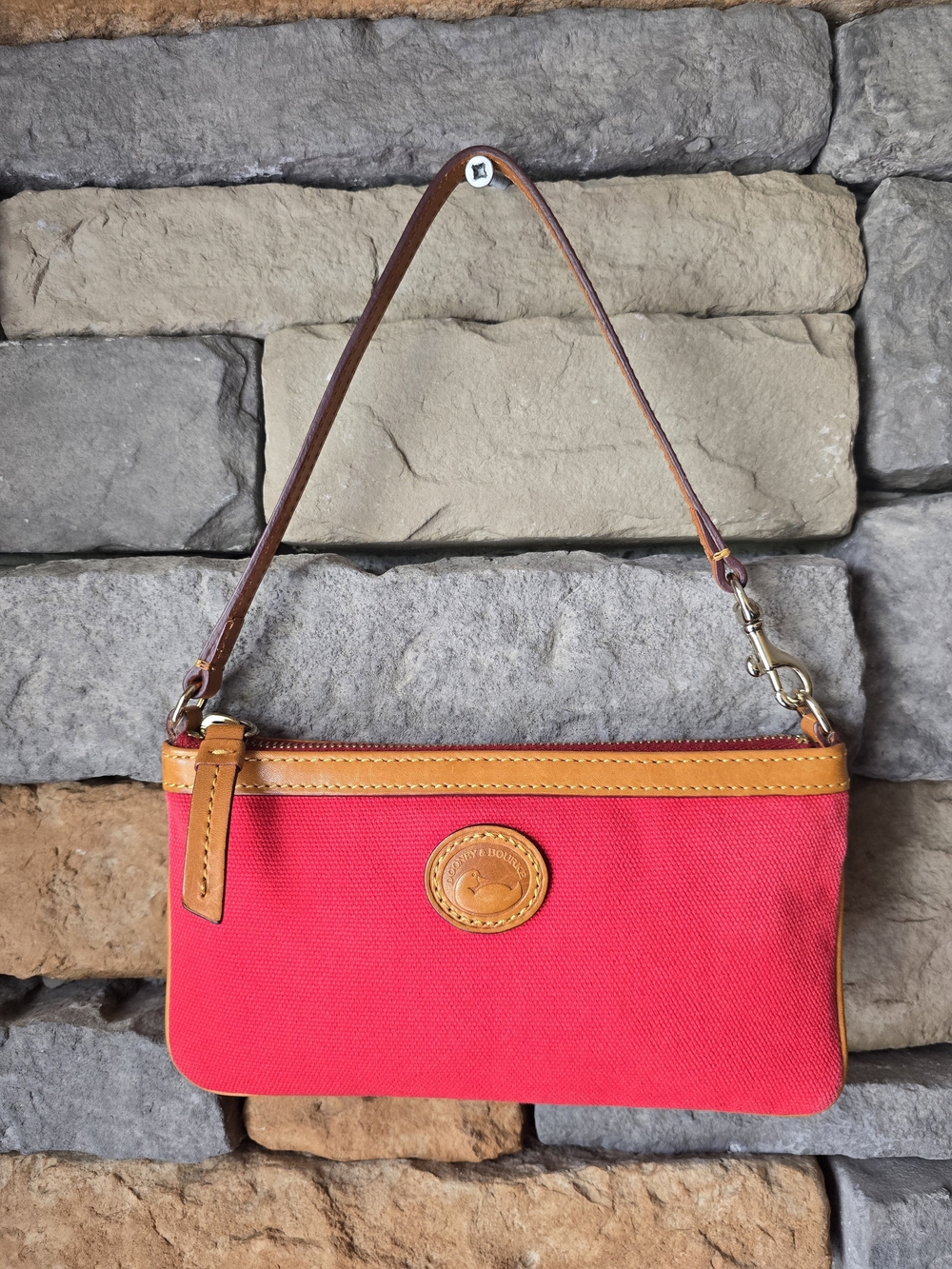 DOONEY & BOURKE Red Canvas Wristlet Tan Leather Trim *read*
